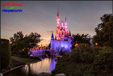 Cinderella Castle after sunset at the Magic Kingdom, Walt Disney World, Orlando, Florida