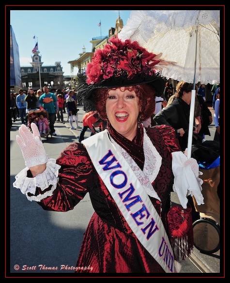 A suffragette on Main Street USA in the Magic Kingdom, Walt Disney World, Orlando, Florida. A suffragette on Main Street USA in the Magic Kingdom, Walt Disney World, Orlando, Florida.