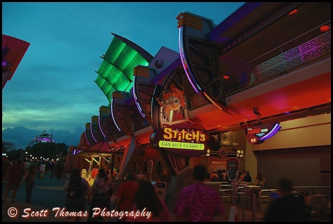 Stitch's Great Escape shows the neon used throughout Tomorrowland in the Magic Kingdom, Walt Disney World, Orlando, Florida