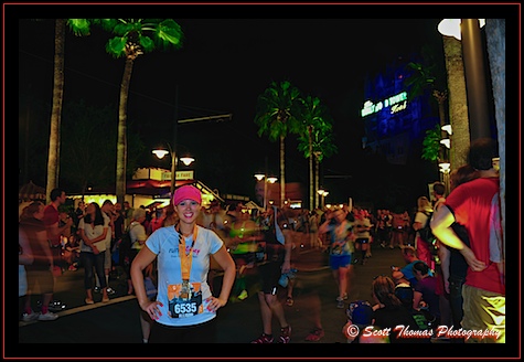 A runner in the cool down lane after finishing the Tower of Terror 10 Miler in Disney's Hollywood Studios, Walt Disney World, Orlando, Florida.
