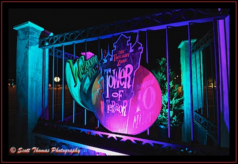 Twilight Zone Tower of Terror Inaugural 10 Miler sign in the Disney's Hollywood Studios parking lot, Walt Disney World, Orlando, Florida.