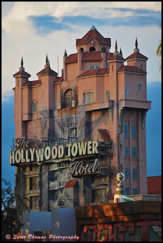 The Twilight Zone Tower of Terror under clouds at Disney's Hollywood Studios, Walt Disney World, Orlando, Florida