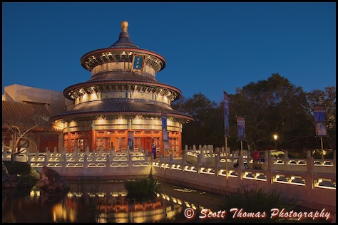 Temple of Heaven in the China pavilion in Epcot's World Showcase at dusk, Walt Disney World, Orlando, Florida.