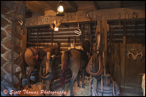 Fort Langhorn's stables on Tom Sawyer Island in the Magic Kingdom, Walt Disney World, Orlando, Florida.