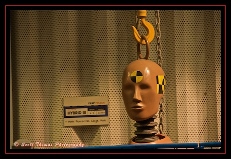 A Test Track crash dummy hanging around the ride queue in Epcot, Walt Disney World, Orlando, Florida