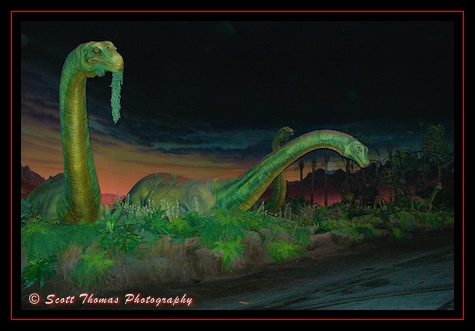 Audio-animatronic brontosaurus dinosaurs inside the Universe of Energy in Epcot's Future World, Walt Disney World, Orlando, Florida