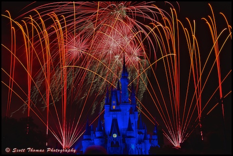 The Fantasia scene of Wishes fireworks show in the Magic Kingdom, Walt Disney World, Orlando, Florida