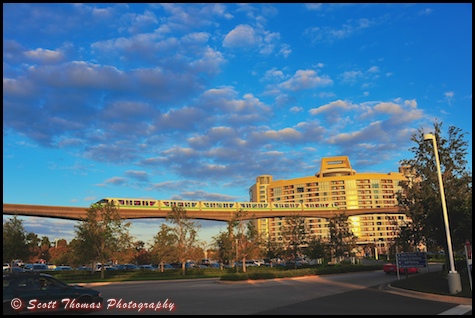 Monorail Green passing in front of Bay Lake Tower DVC Resort, Walt Disney World, Orlando, Florida.