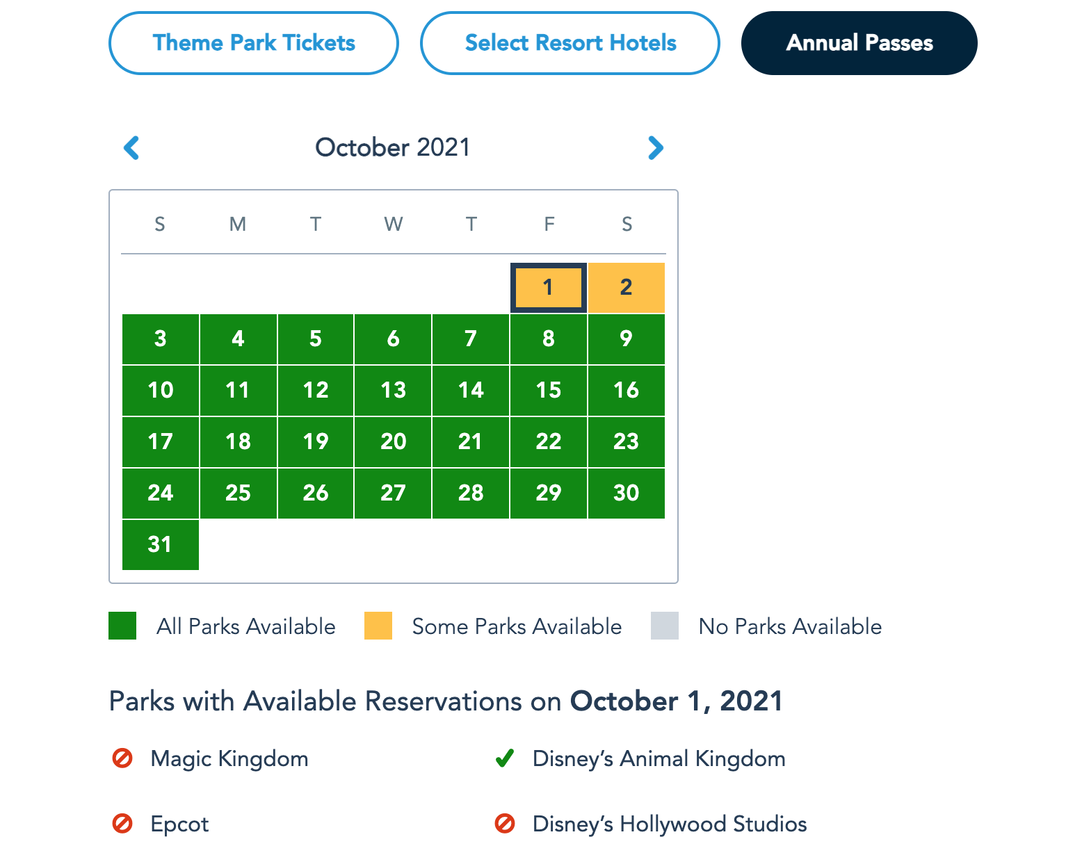 wdw 2021 disney park pass availability calendar annual passholders 50th