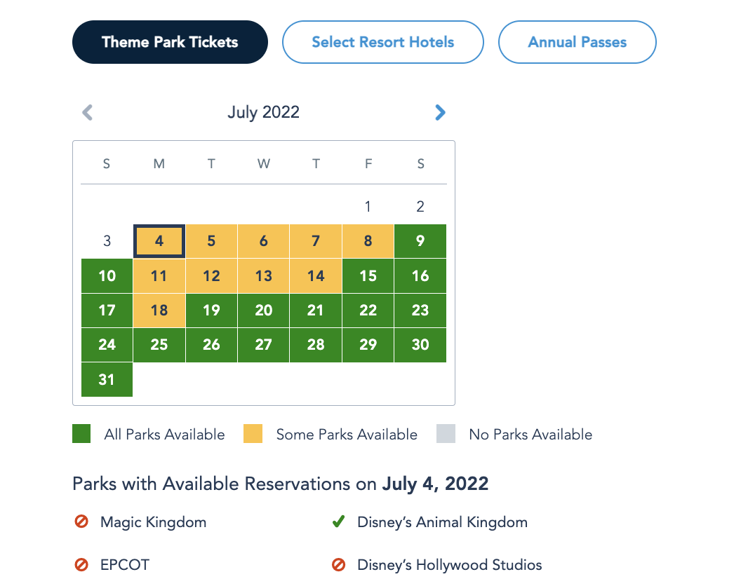 2022 wdw walt disney world park pass calendar july 4th