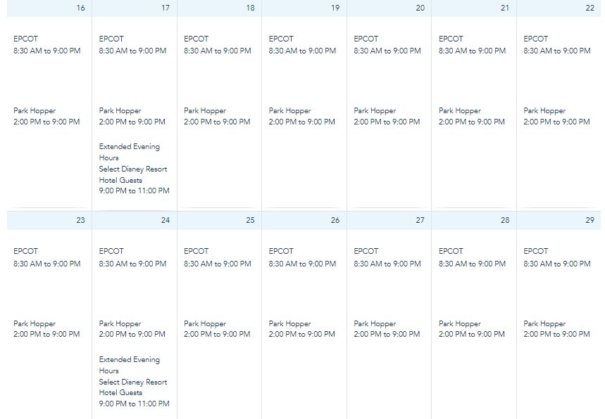 EPCOT Hours October 2