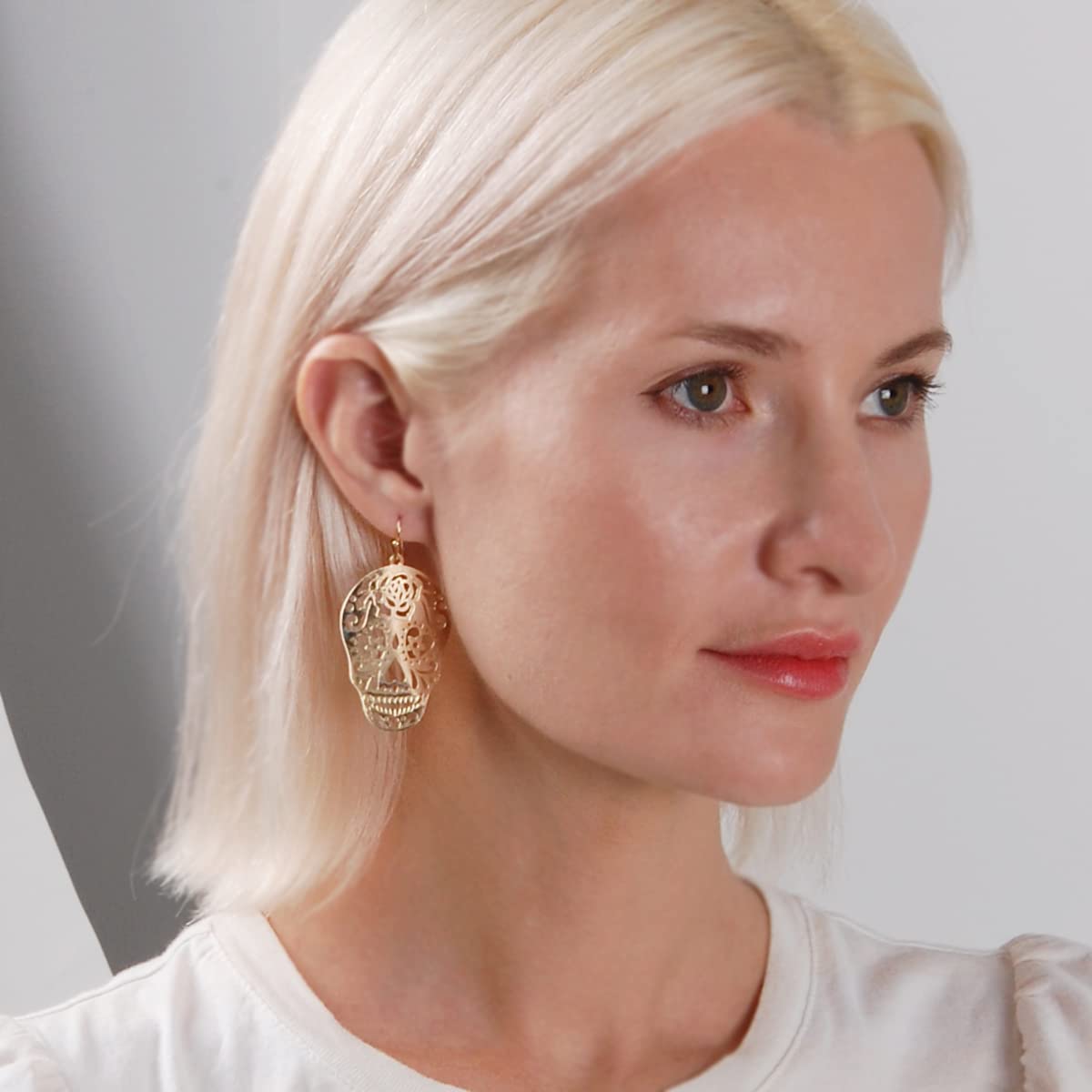 Humble Chic Sugar Skull Earrings for Women - Gold Tone Filigree Gothic Dangle Earrings