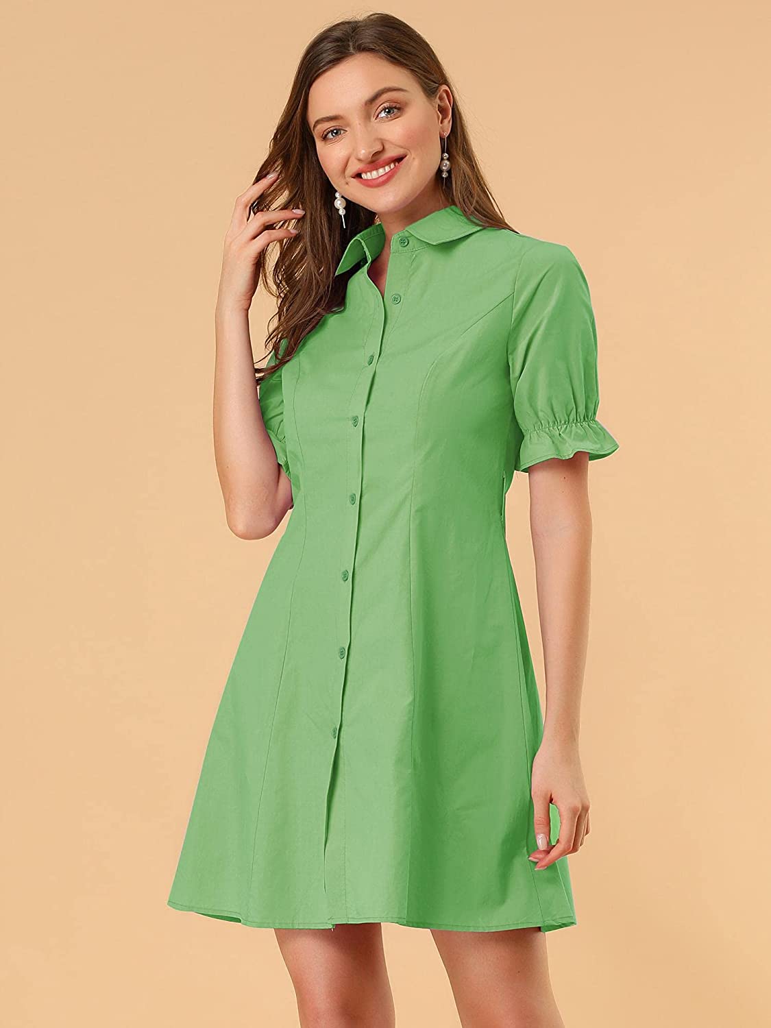 Allegra K Women's Ruffled Short Sleeve Cotton Solid Color Belted Button Down Shirt Dress