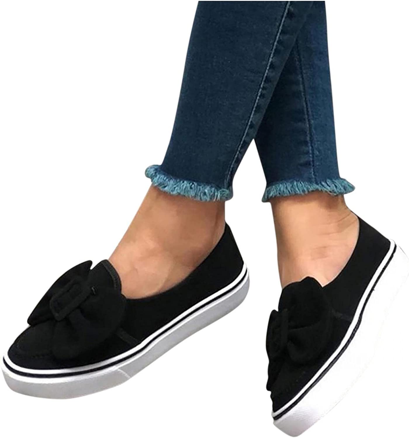 Wedge Sneakers for Women Leather Comfortable Slip on Canvas Fashion Sneakers Bow Loafers Flat Casual Shoes for Walking