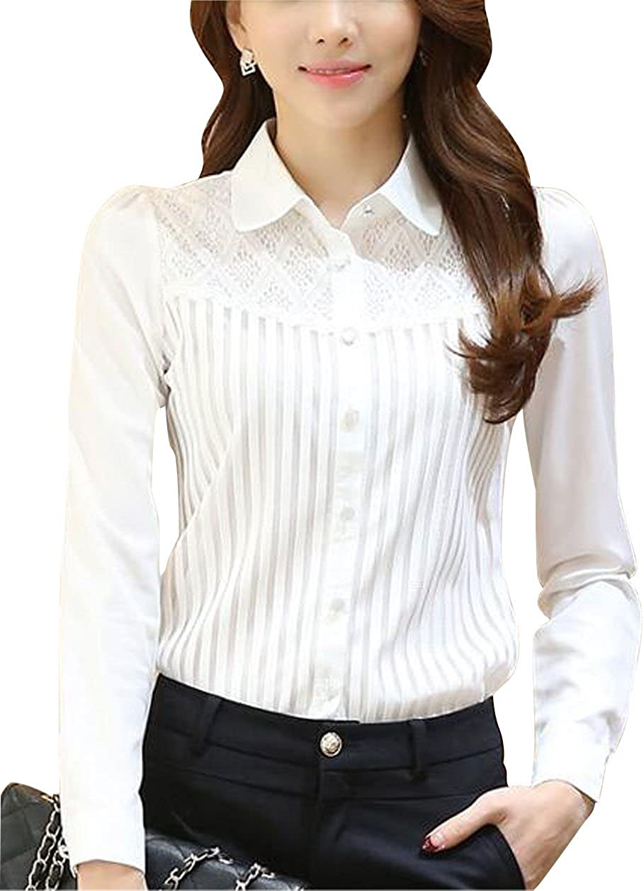 Womens Vintage Collared Button Down Work Shirt Long Sleeve Lace Stretch Blouse