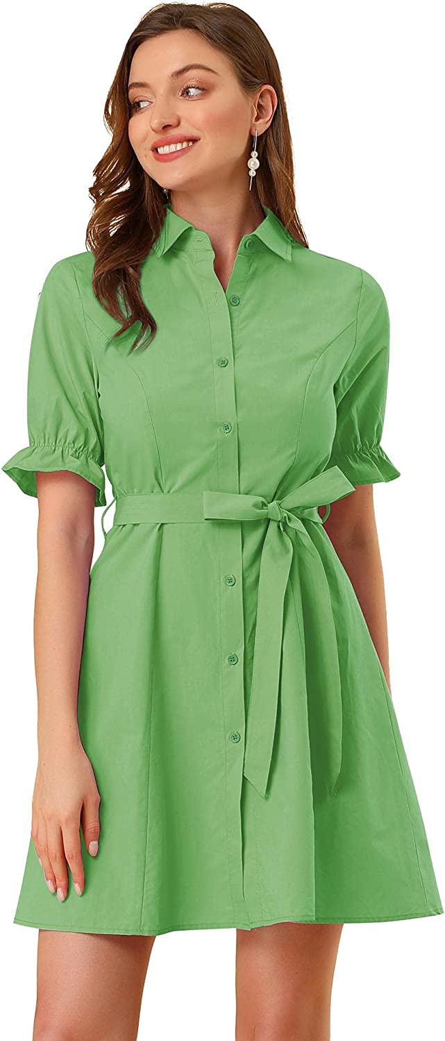 Allegra K Women's Ruffled Short Sleeve Cotton Solid Color Belted Button  Down Shirt Dress - AllEars.Net