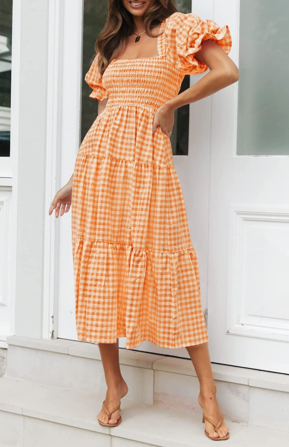knee length dresses for ladies Jade Gingham Tiered Midi Dress- Orange – Poppie's Boutique main image 1