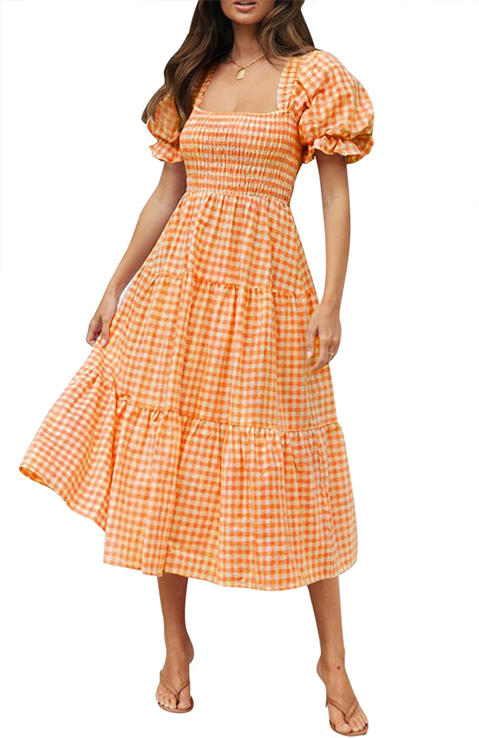 ZESICA Women's Bohemian Summer Plaid Square Neck Puff Sleeve Ruffle Flowy Beach Midi Dress - AllEars.Net ZESICA Women's Bohemian Summer Plaid Square Neck Puff Sleeve Ruffle Flowy Beach Midi Dress - AllEars.Net