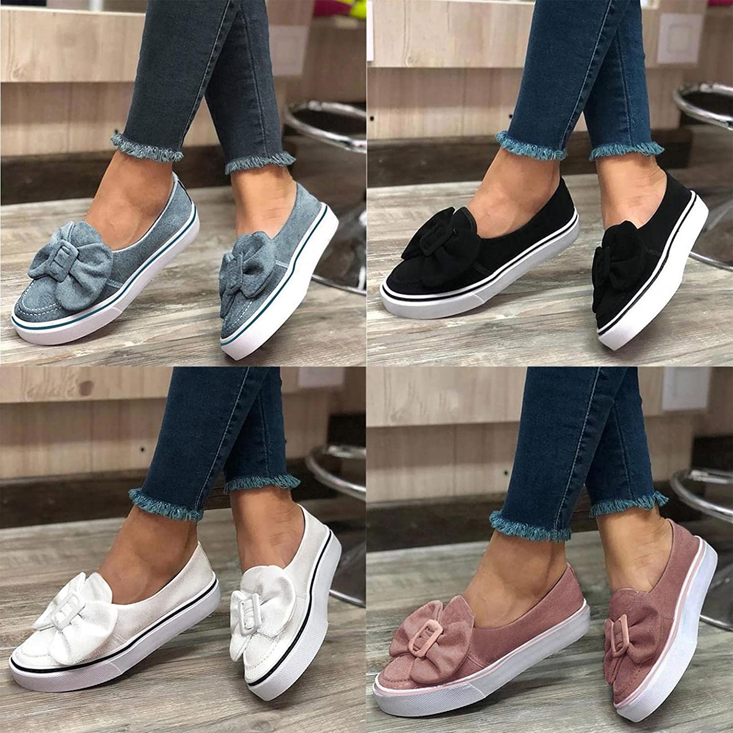 Wedge Sneakers for Women Leather Comfortable Slip on Canvas Fashion Sneakers Bow Loafers Flat Casual Shoes for Walking