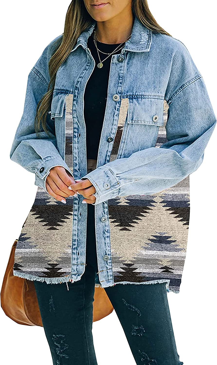 Megfie Loose Casual Frayed Washed Womens Aztec Denim Jacket Long Sleeve Lapel Aztec Denim Shacket Jean Jacket