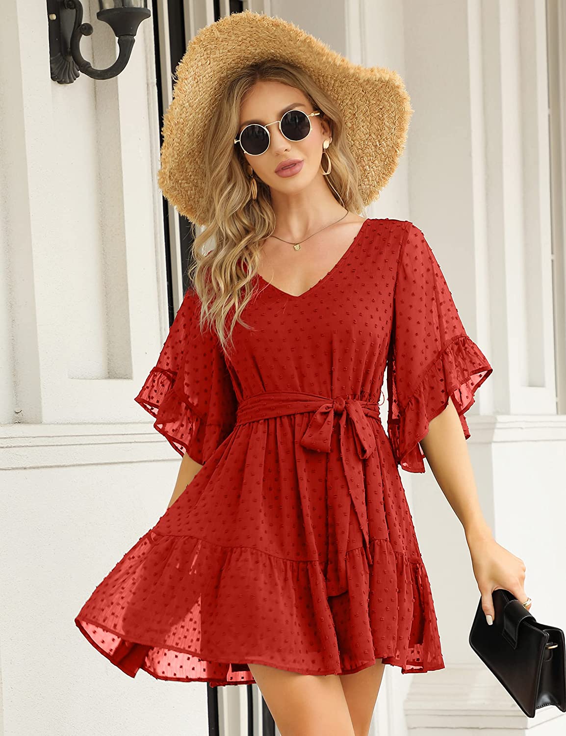 slim fit dress slacks Blue Pink Floral Floral Babydoll Dress for Women Chiffon Cute Flowy Su –  Lookbook Store main image 0