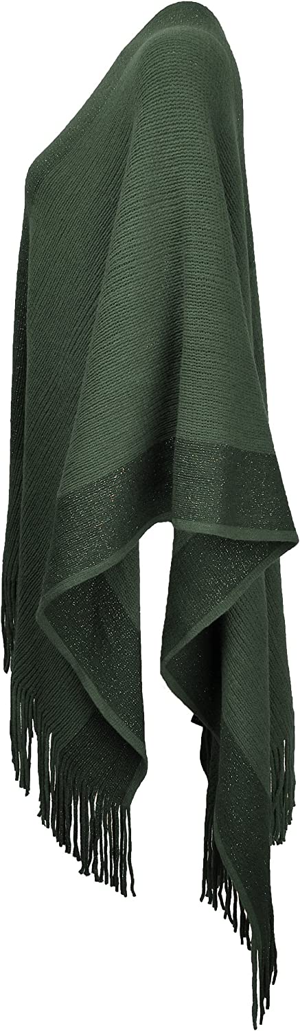 ZLYC Women's Shawl Golden Trim Knit Blanket Wrap Fringe Poncho Coat Cardigan