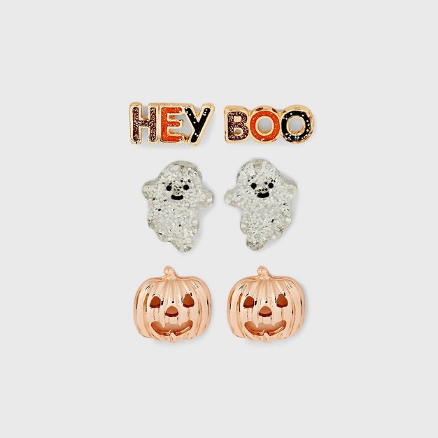 Halloween Ghost Pumpkin And Hey Boo Stud Earring Trio Set - Rose Gold : Target