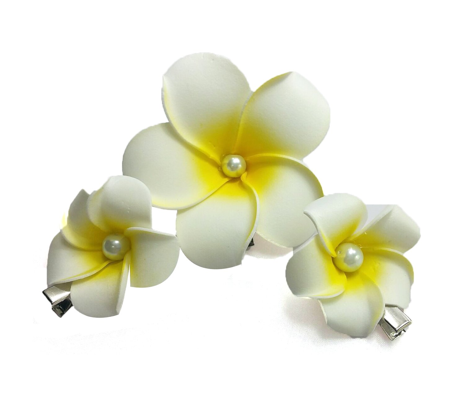 DreamLily Women's Fashion 3 Pcs Hawaiian White Plumeria Flower Foam Hair Clip Balaclavas for Beach (1#)