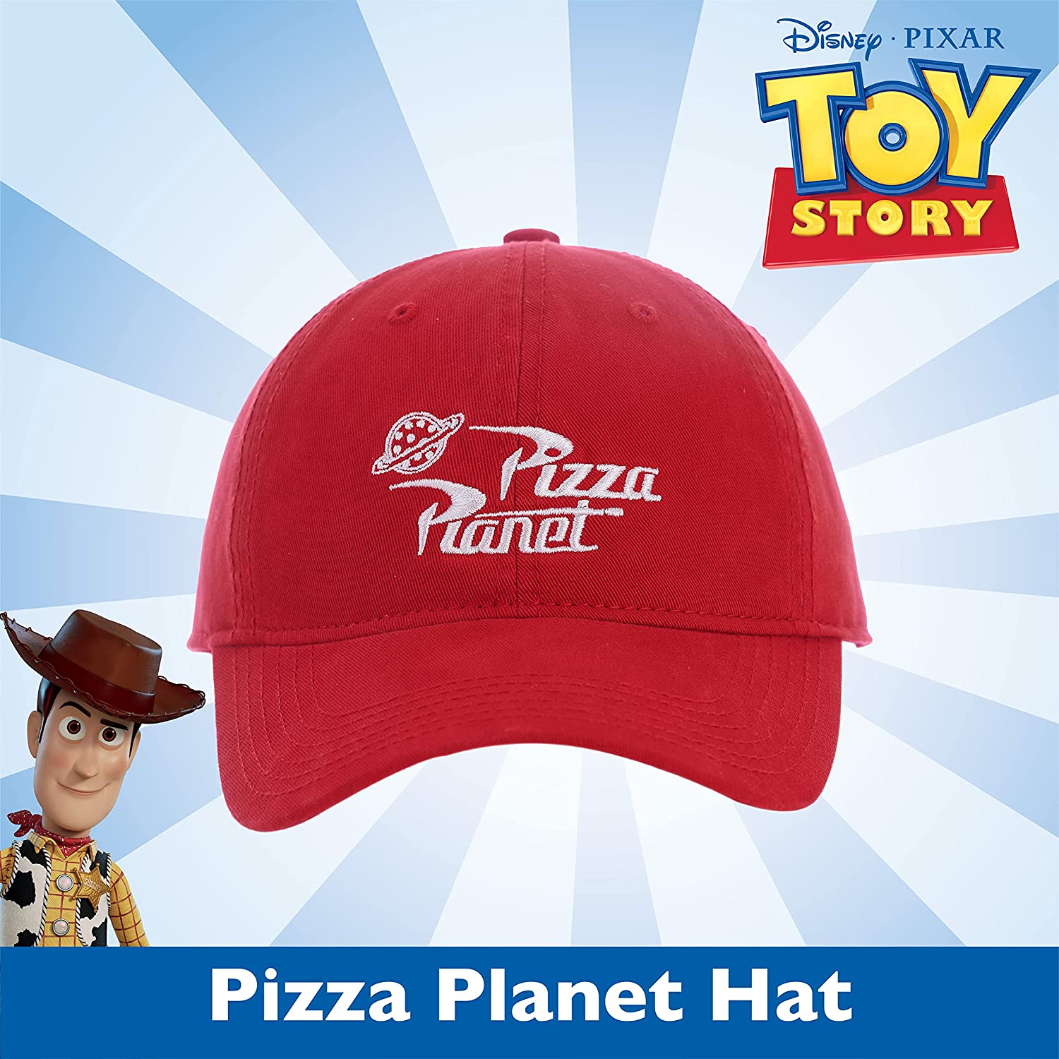 Concept One Disney Pixar Toy Story Pizza Planet Delivery Embroidered Logo Cotton Adjustable Baseball Cap with Curved Brim, Red, Medium