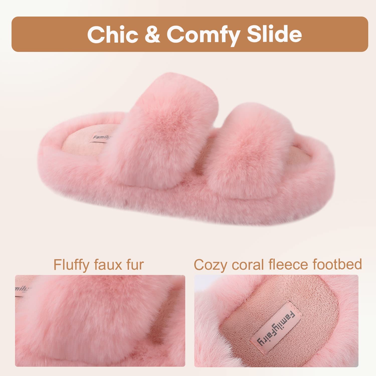 FamilyFairy Women's Fluffy Faux Fur Slippers Comfy Open Toe Two Band Slides with Fleece Lining and Rubber Sole