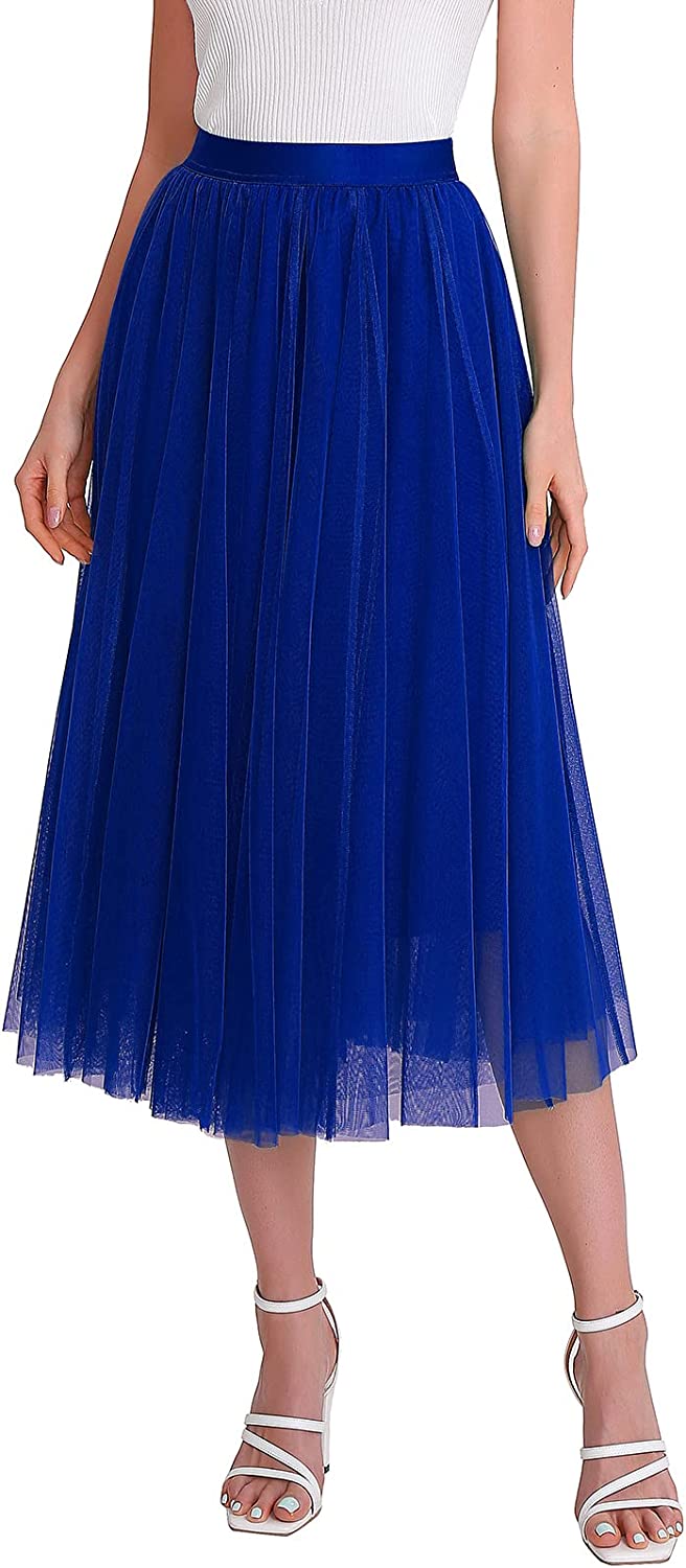 Mid Calf Long Women Metallic Shimmer Tulle Skirt Elastic High Waist Elegant A Line Midi Skirt