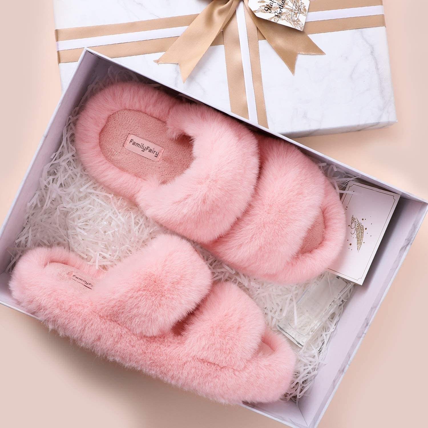 FamilyFairy Women's Fluffy Faux Fur Slippers Comfy Open Toe Two Band Slides with Fleece Lining and Rubber Sole