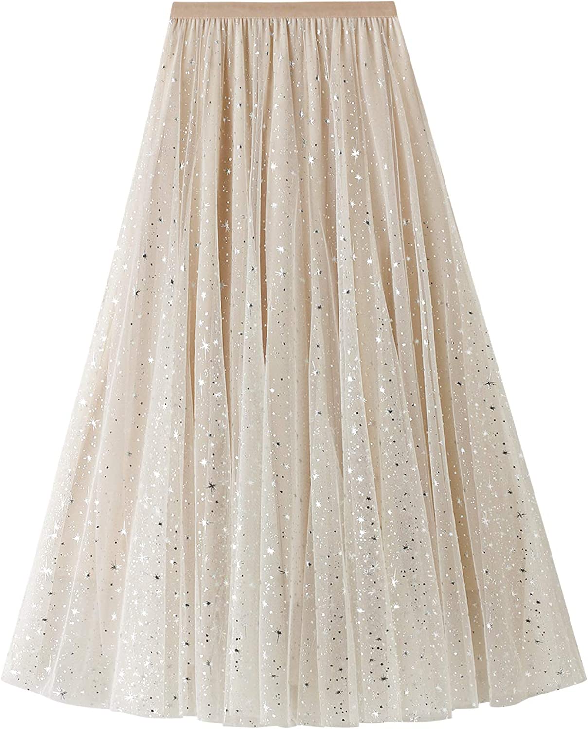Summer Irregular Mesh Tulle Skirt Elastic High Waist Mid Calf Tutu Long Skirt