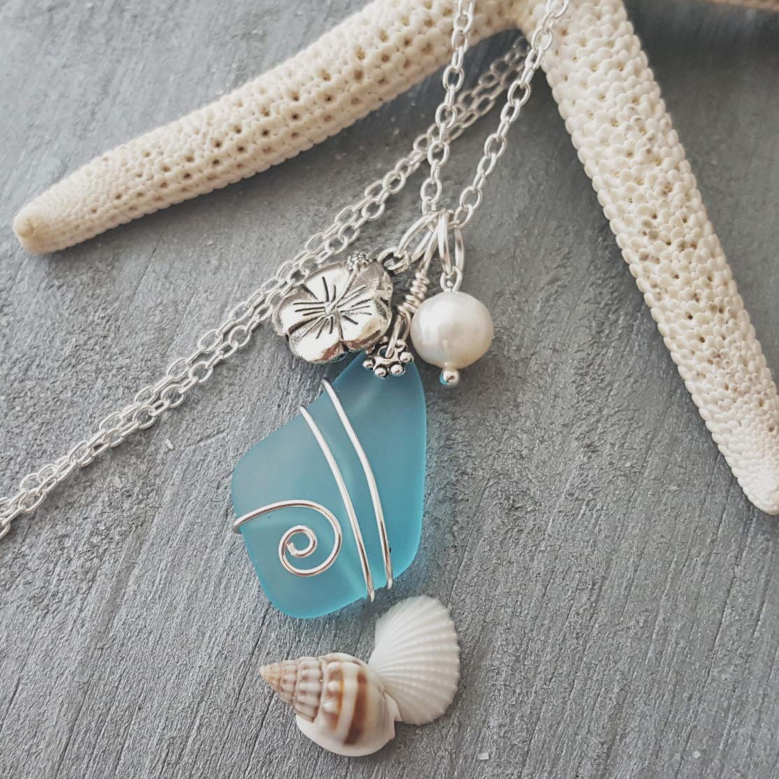 Handmade in Hawaii, wire wrapped Turquoise Bay blue sea glass necklace, Hibiscus and freshwater pearl,"December Birthstone", (Hawaii Gift Wrapped, Mother's Day Gift)