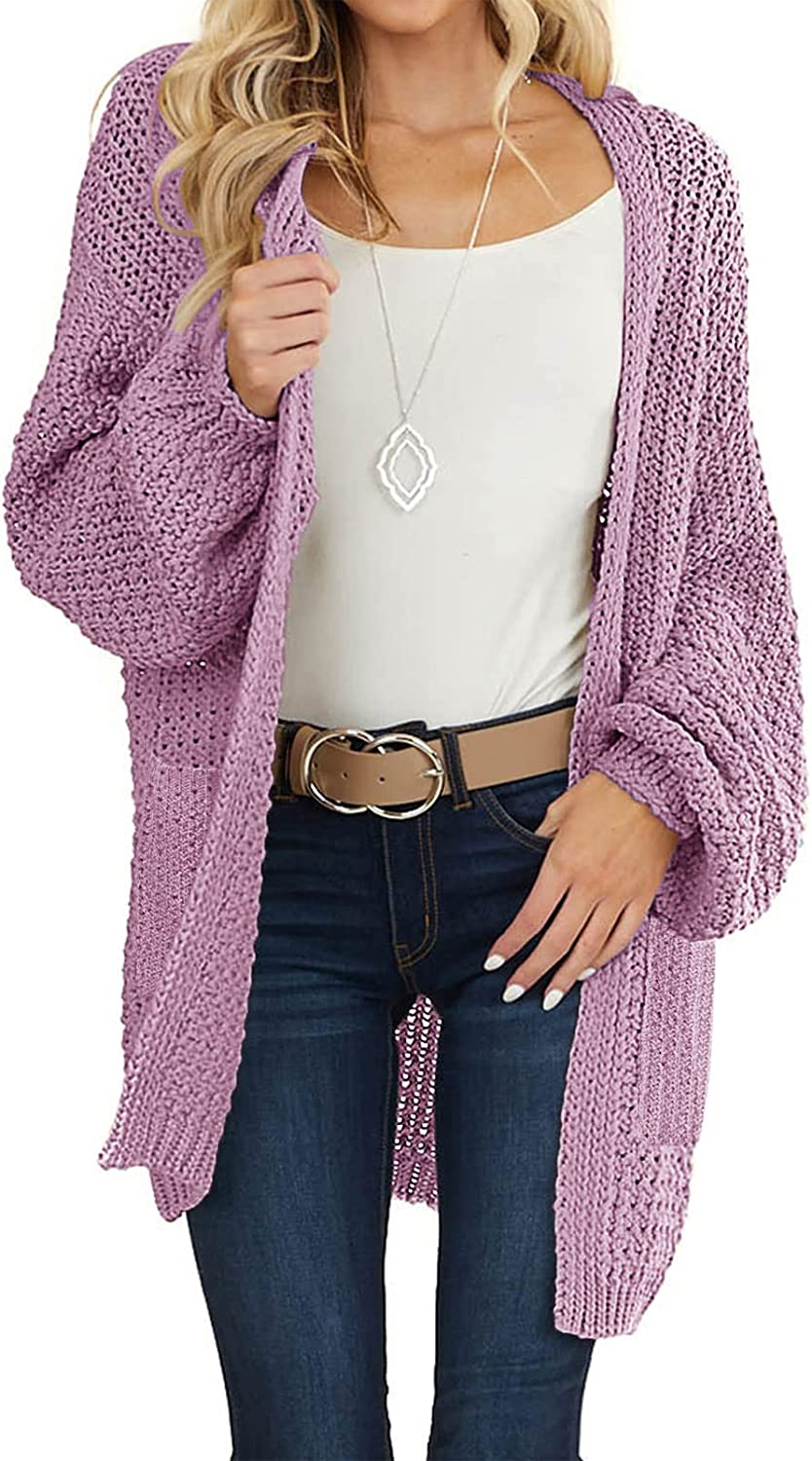 MEROKEETY Women's Open Front Chunky Knit Sweater Oversized Lantern Sleeve Cardigan Outwear