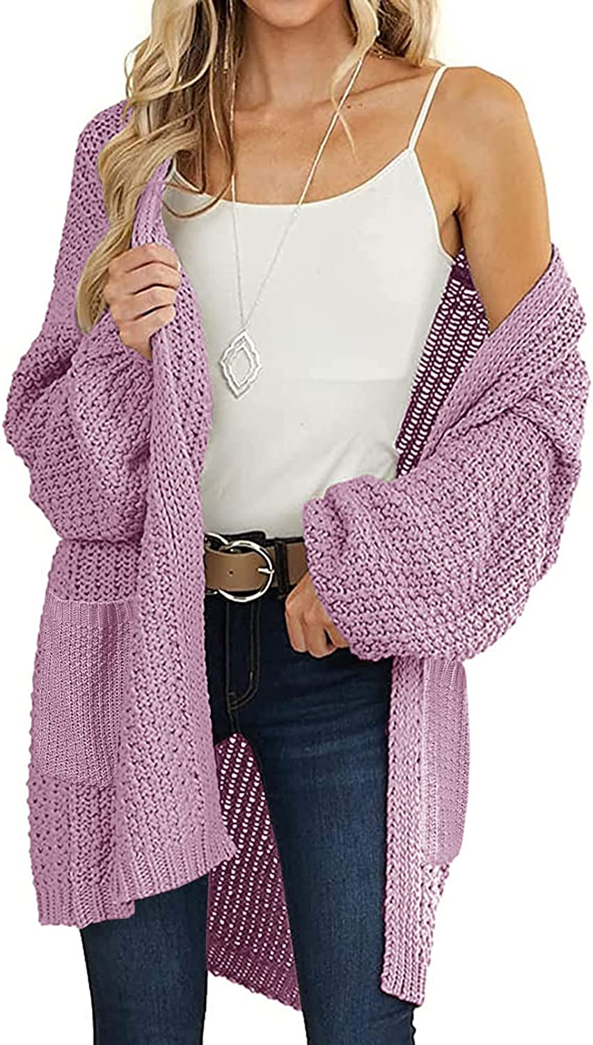MEROKEETY Women's Open Front Chunky Knit Sweater Oversized Lantern Sleeve Cardigan Outwear