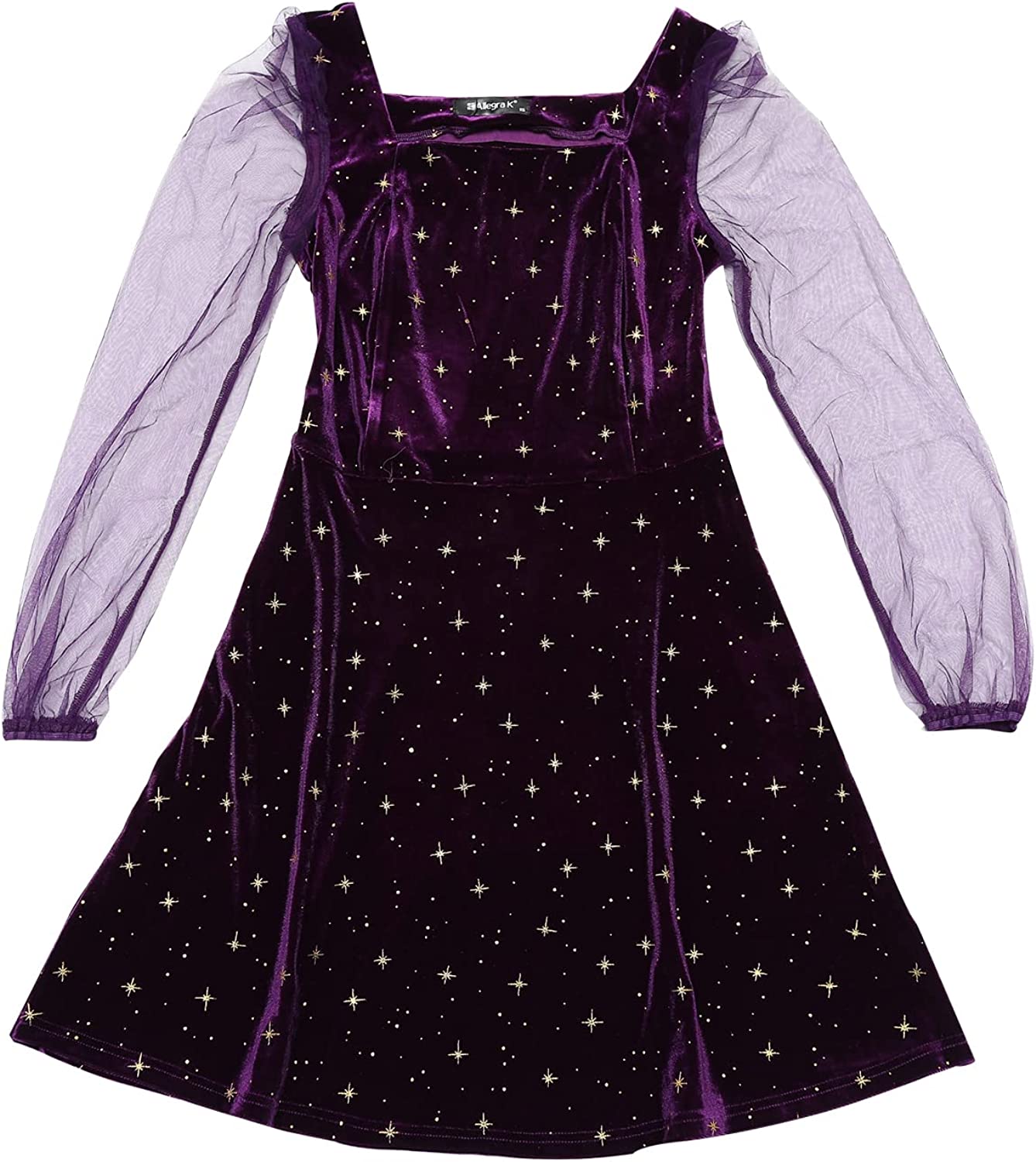 Allegra K Women's Halloween Mesh Sheer Puff Long Sleeve Square Neck Glitter  Star Mini Velvet Dress - AllEars.Net