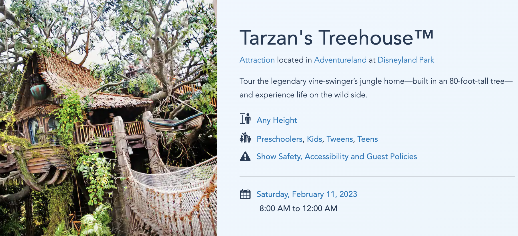 Hours Showing for New Adventureland Treehouse in Disneyland