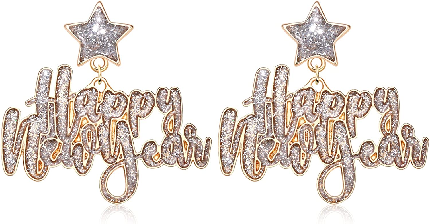ANGLESJELL Happy New Year Earrings for Women Glitter Enamel Star Earrings Holiday New Year’s Eve Letter Earrings Festive Party Jewelry Gifts