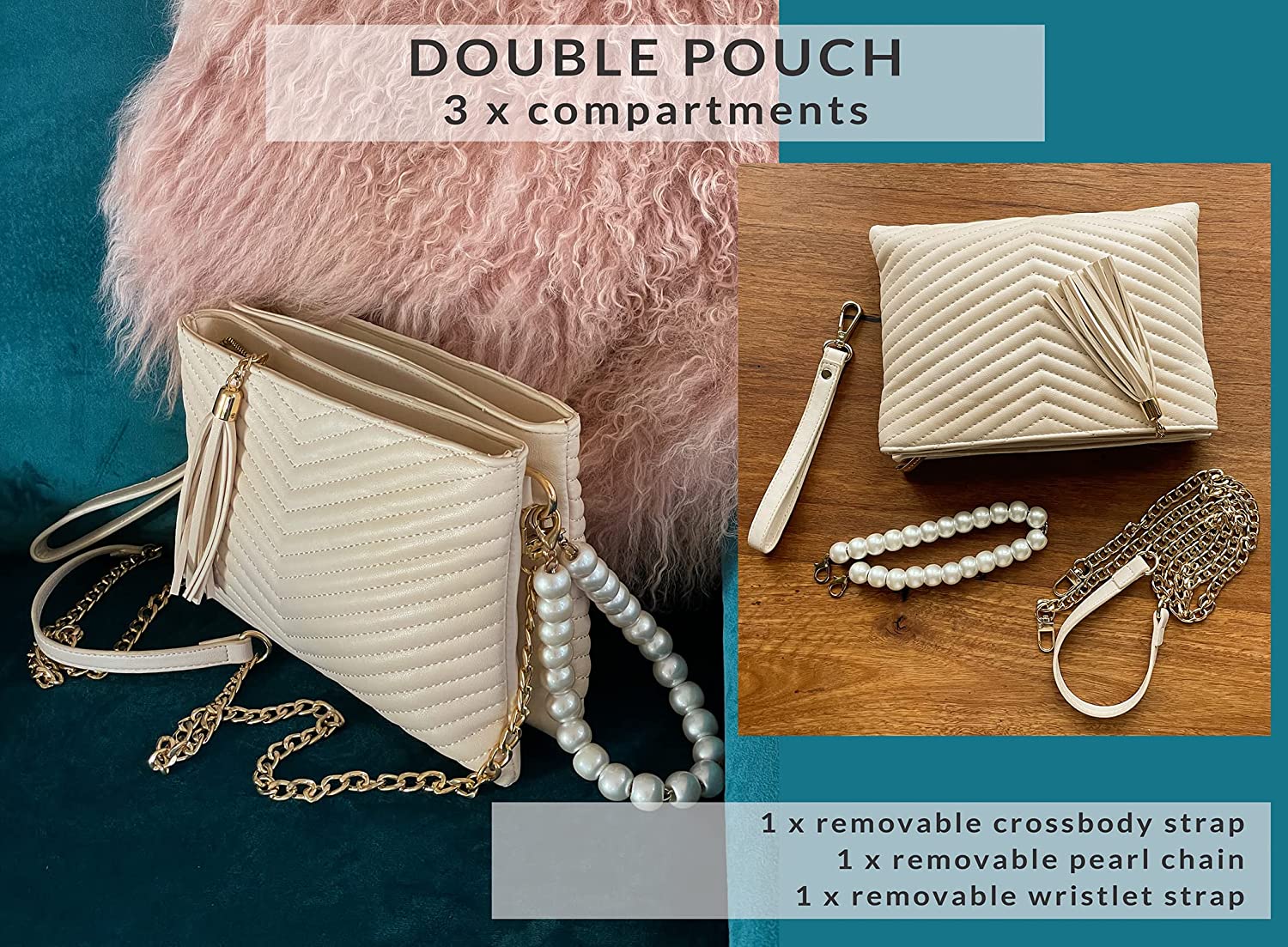 Before & Ever Double Pouch Wristlet Clutch Purses for Women - Large Evening Clutch Bag with White Pearls Crossbody