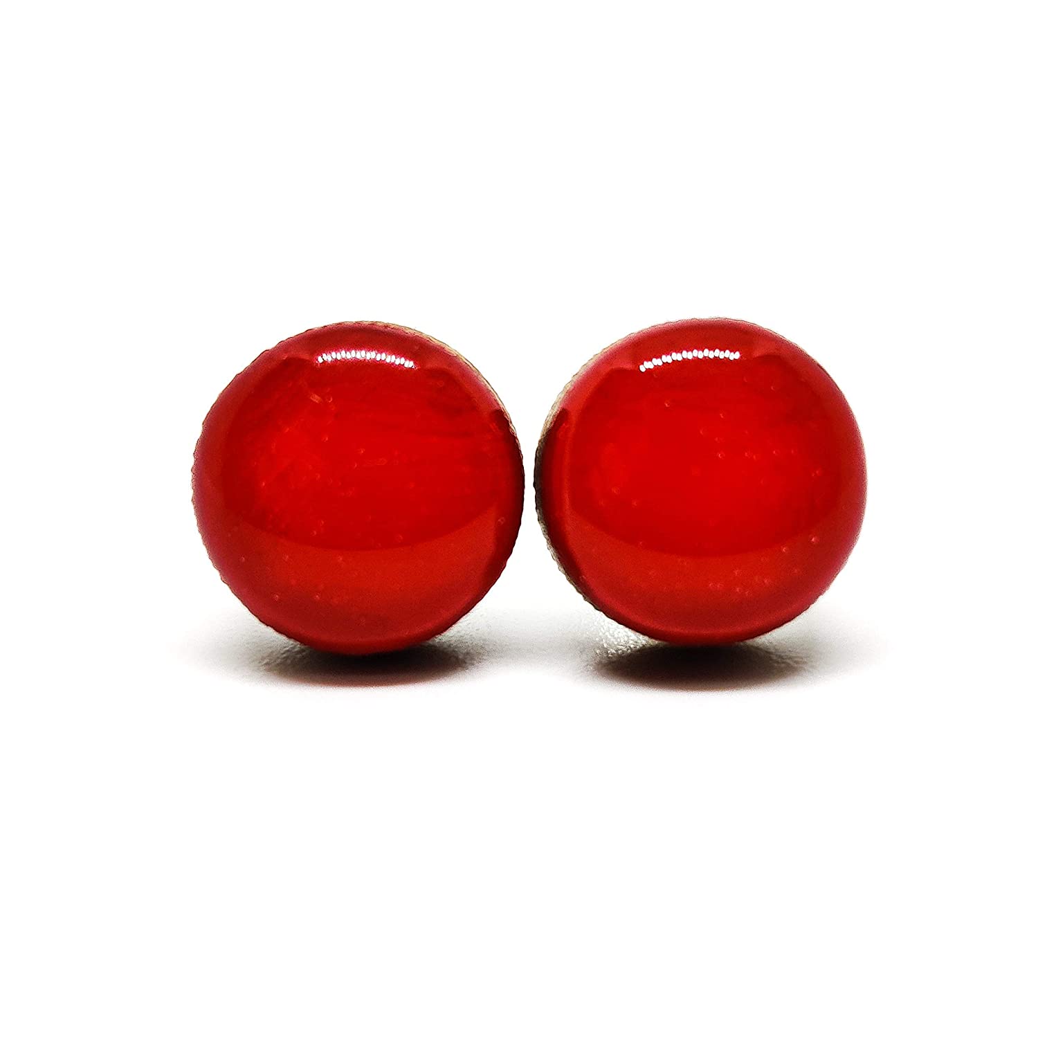 Stud Earrings, Lipstick Red, 10 mm, Handmade, Stainless Steel Posts for Sensitive Ears