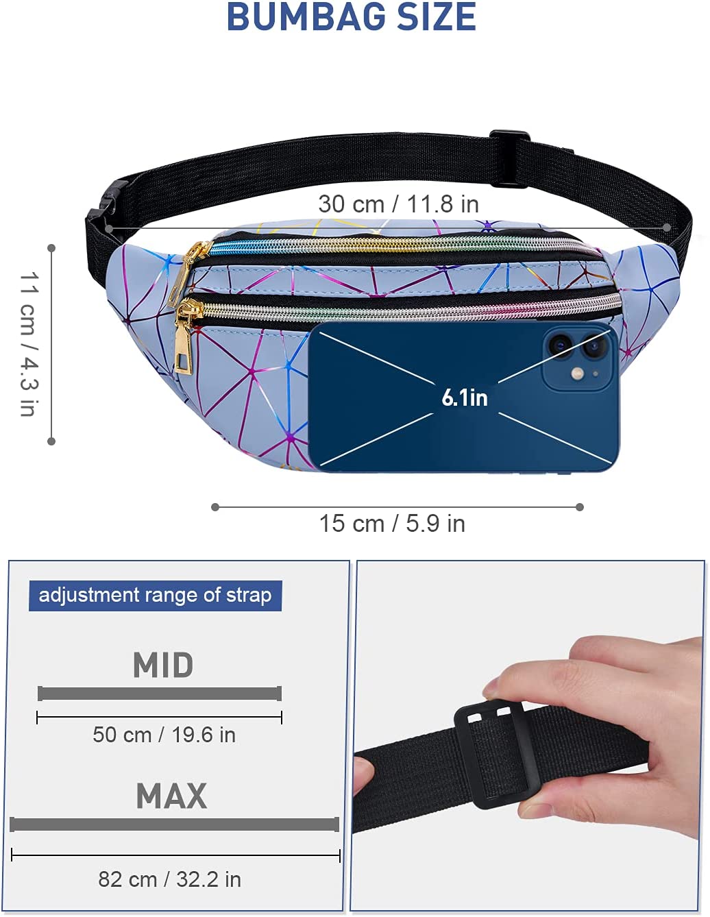 LIVACASA Holographic Fanny Packs for Women Waterproof Waist Packs Shiny with Adjustable Belt Diamond Lattice Pattern for Party Festival Trip