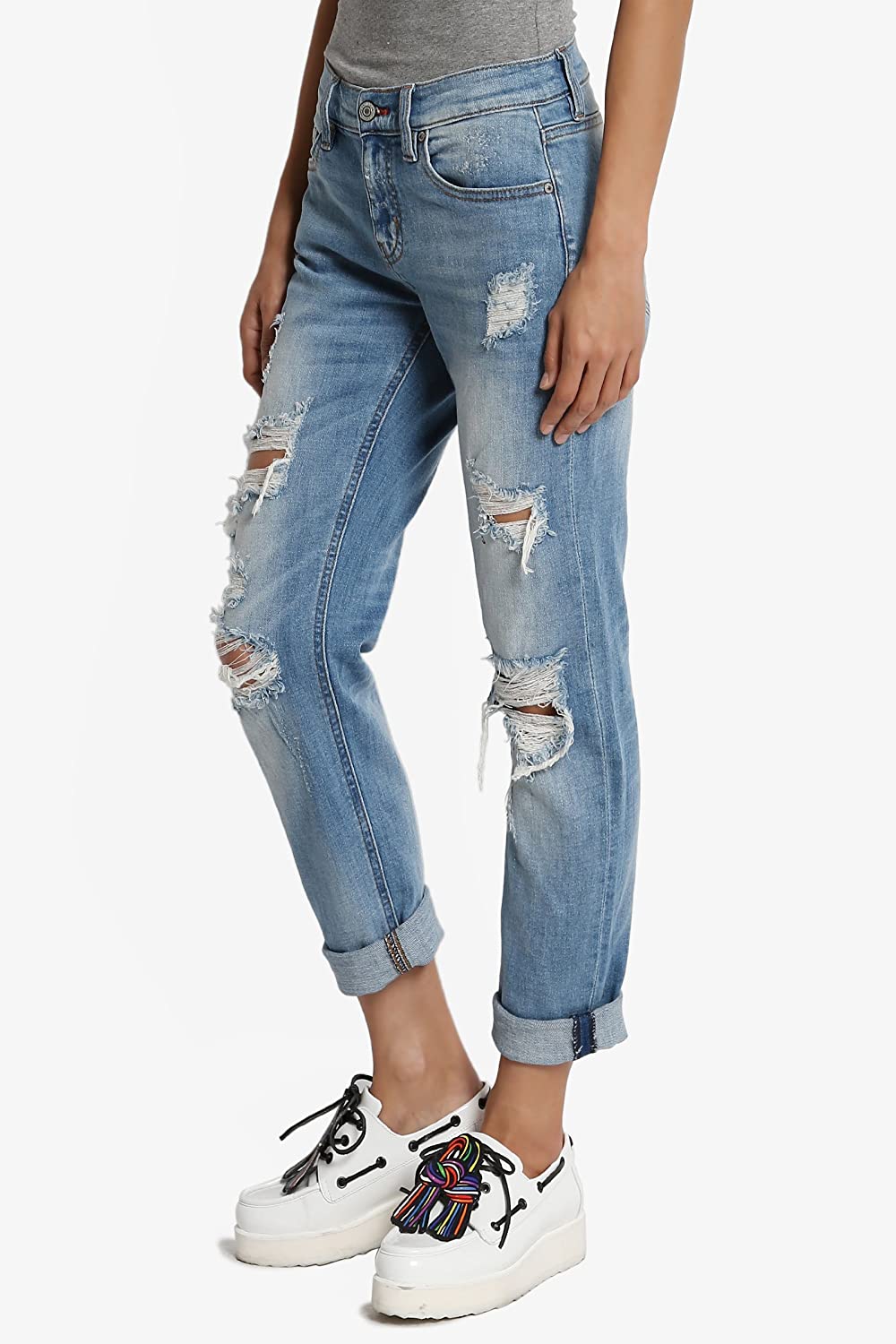 TheMogan Distressed Destructed Washed Denim Mid Rise Relaxed Boyfriend Jeans