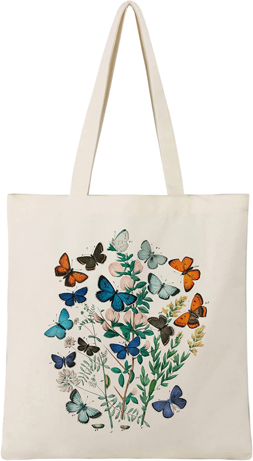 BeeGreen Colorful Butterflies Aesthetic Canvas Tote Bag Large Capacity 12 oz Tote Bag Portable Washable for Women Grocery Shopping Gift Bag for Mom Teacher Friends