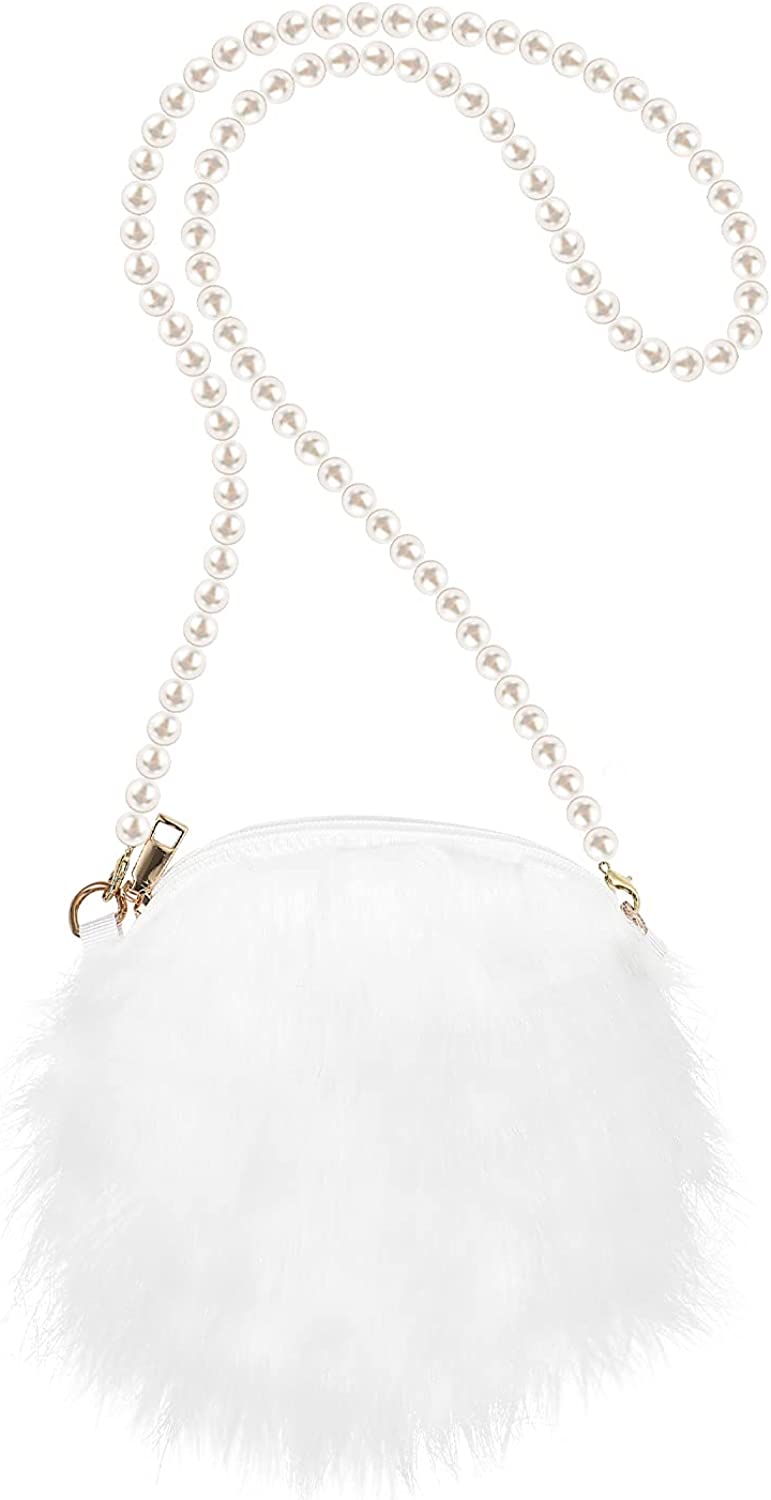 FENICAL Crossbody Bag Plush Pearl Chain Cellphone Purse Small Fuzzy Shoulder Pouch for Women Ladies Girls - White