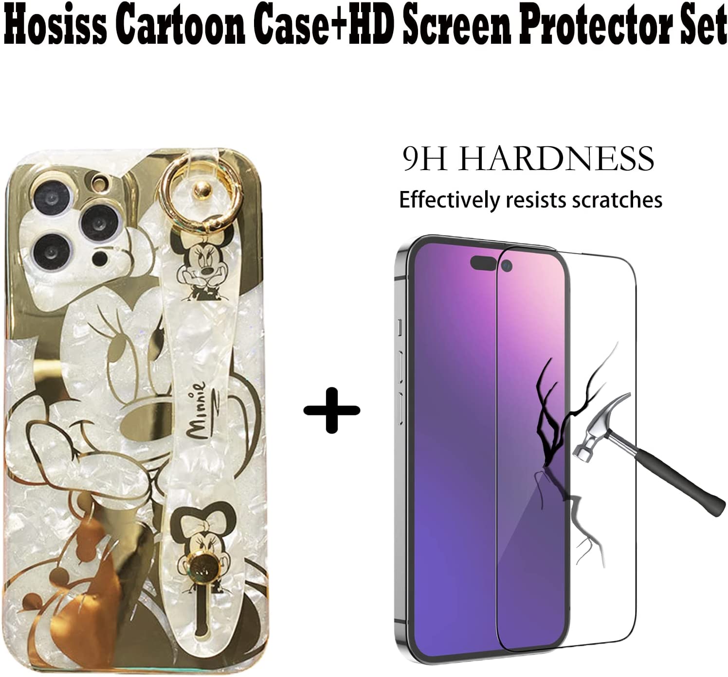 Hosiss Cartoon Case for iPhone 14 Pro Max 6.7" with HD Screen Protector, Minnie Mouse with Wrist Strap Kickstand Metal Chain Strap Soft TPU Shockproof Protective for Girls Women