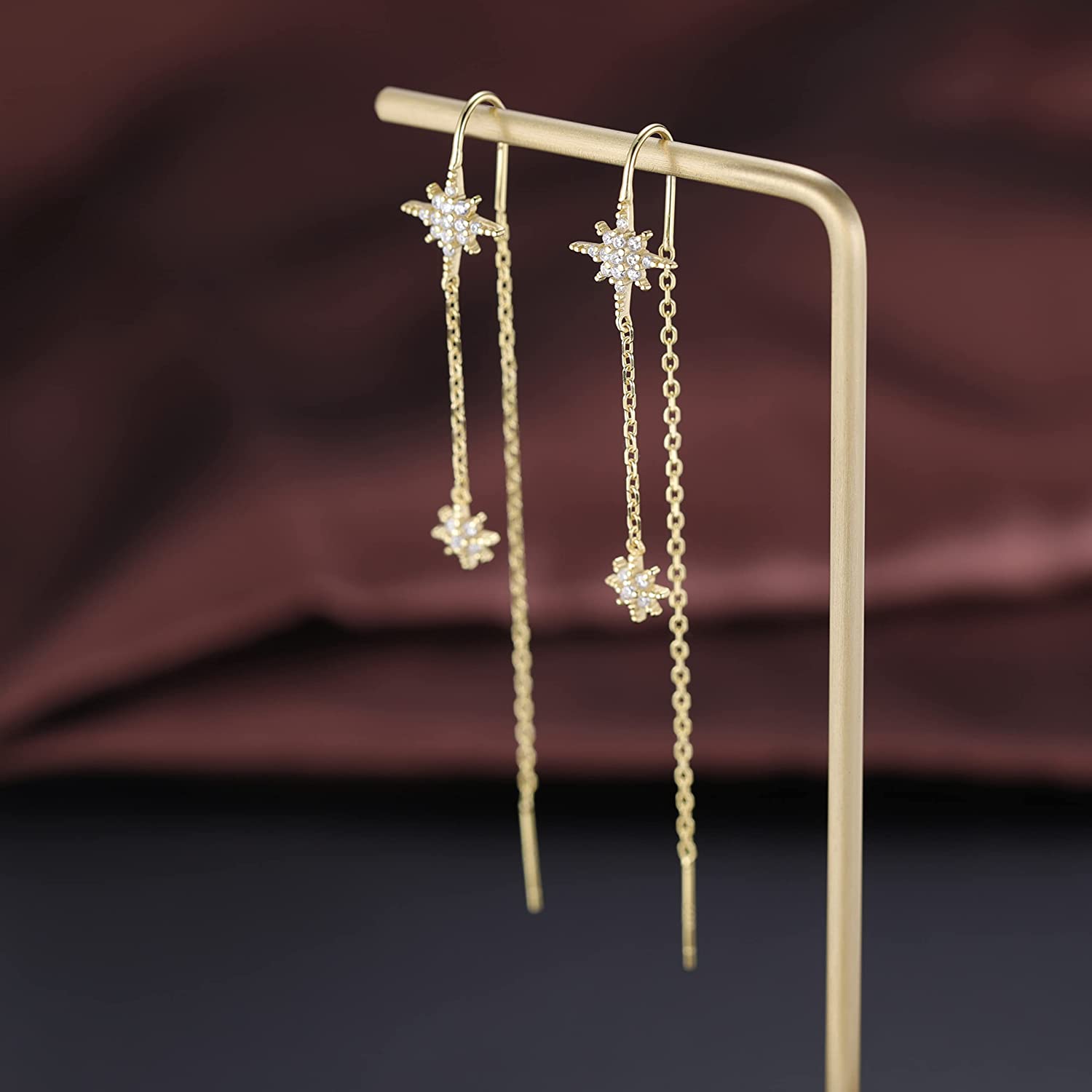 SLUYNZ 925 Sterling Silver Star Earrings Dangle Chain for Women Teen Girls Long Threader Earrings Tassel