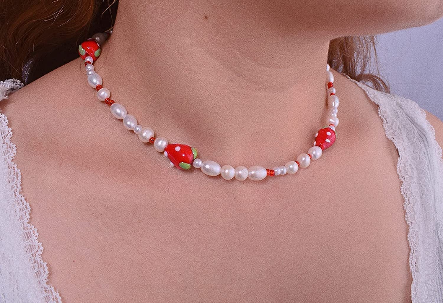 Y2K Natural Freshwater Pearl Beaded Necklace Choker “Fun Flirty” Summer Smiley Face Necklaces for Women Teen Girls Handmade Boho Jewelry