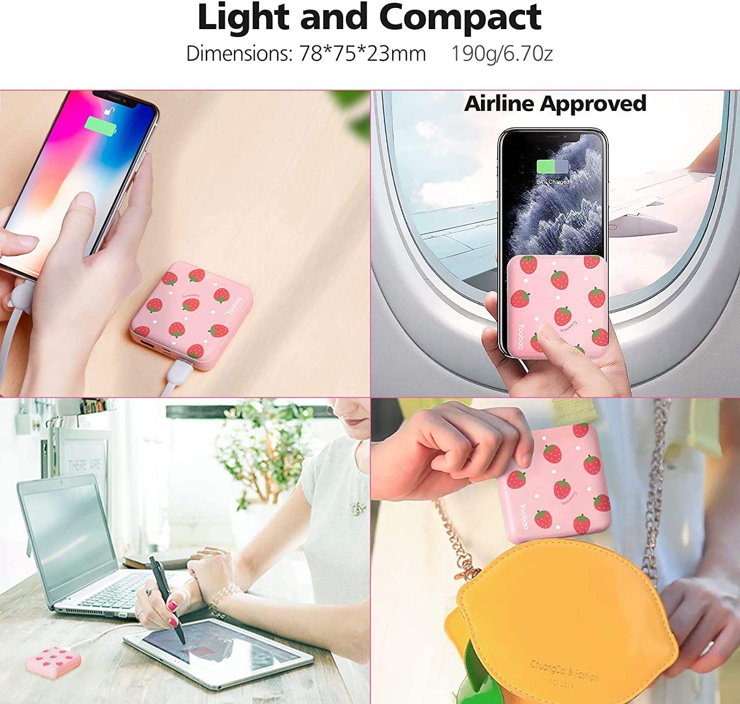 Yoobao Portable Charger 10000mAh Cute Power Bank for Girls Mini Fast Charging Compact Battery Pack with Dual USB Output & Dual Inport (2.1A Type-C and 8-Pin Input),Compatible with iPhone,iPad-Pink