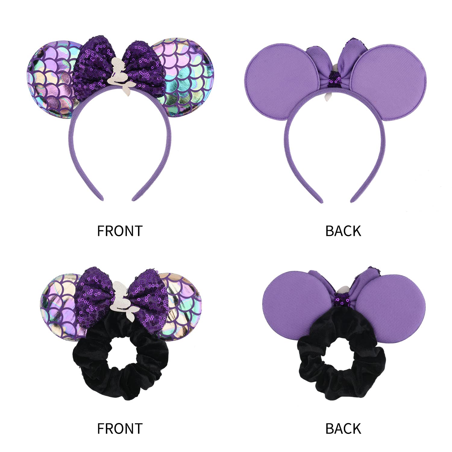 1 Pcs Shiny Mouse Ears Headband and 1 Pcs Sequin Mouse Ears Velvet Scrunchies with Bow Hairs Accessories for Girls Women Adult Kids Birthday Party(Mermaid)